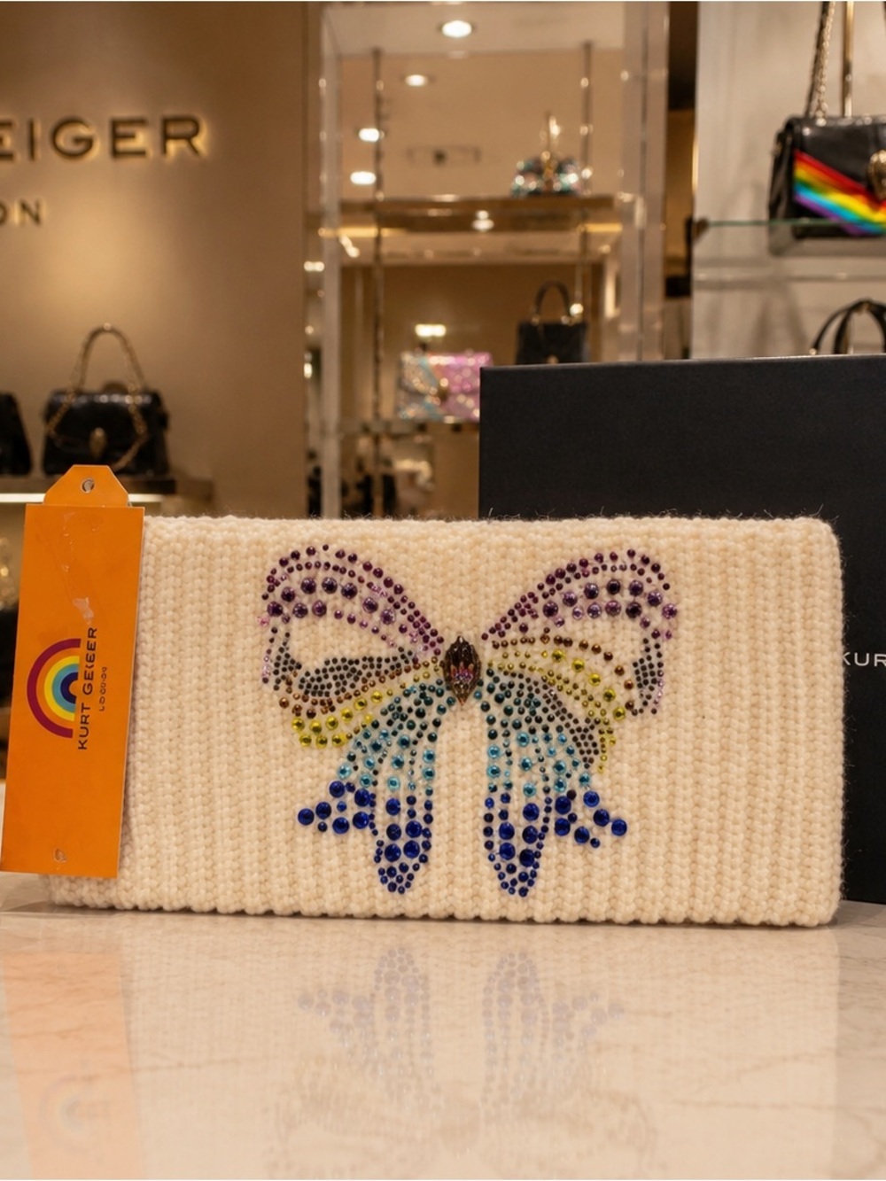 Kurt Geiger Cream Knit hair band with Multicolor Crystal Butterfly - Picture 2 of 4
